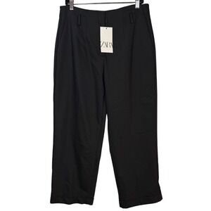Zara Womens Black High Waisted Wide Leg Cuffed Trousers Dress Pants Size L NWT